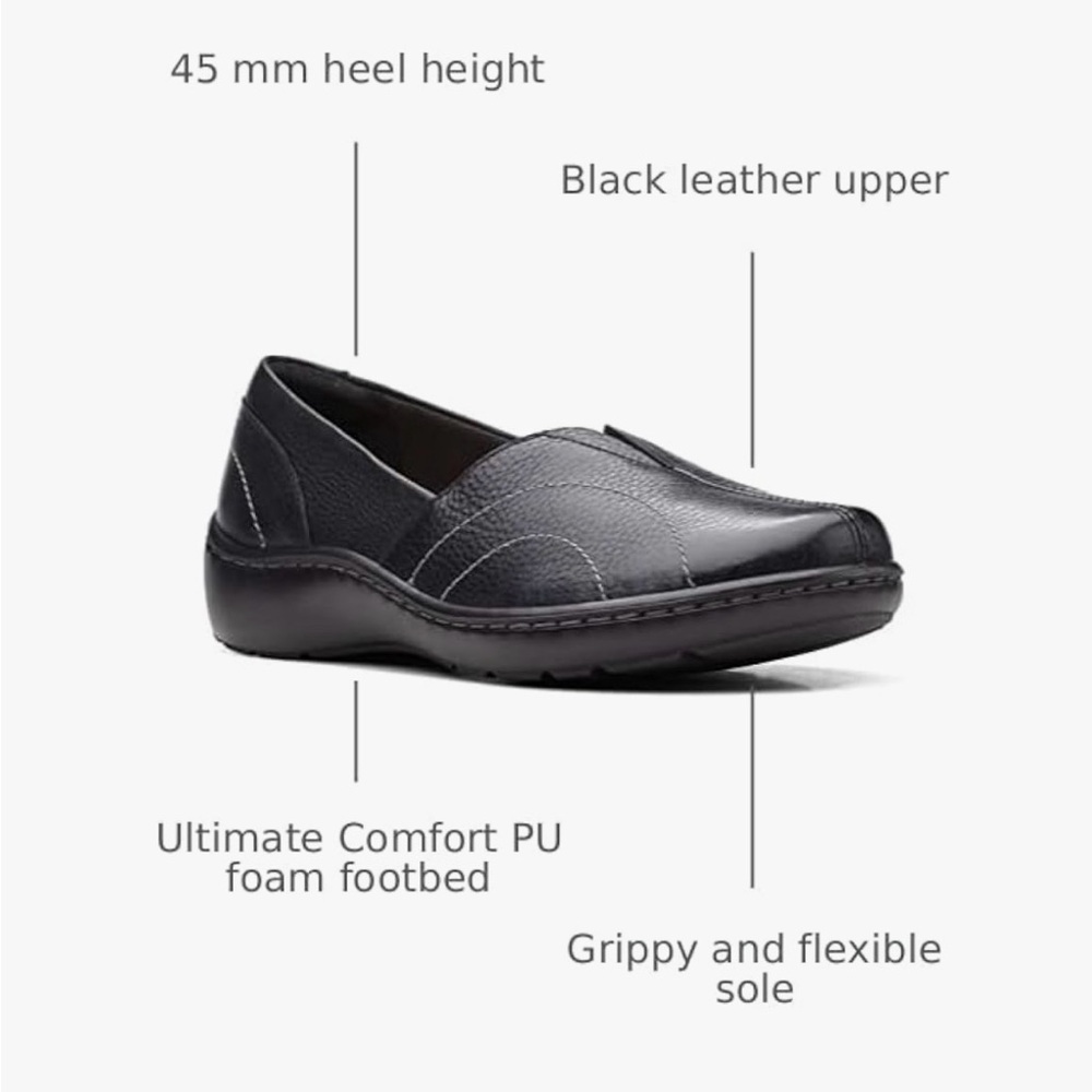 New! Clarks Women's Black Leather Slip-On Cora Meadow Loafer 8.5